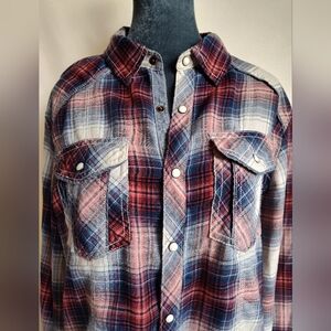 Buckle Plaid Pearl Snap Closure Shirt, Sz M